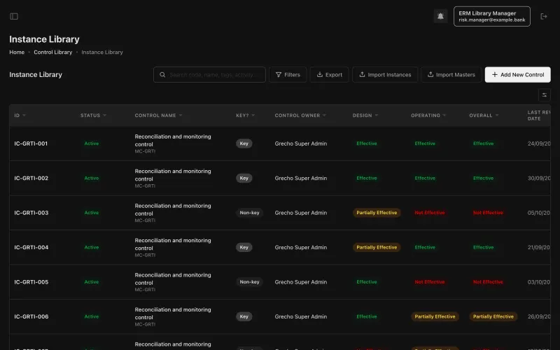 Control instance library listing controls with status, key flag, owner, design and operating effectiveness