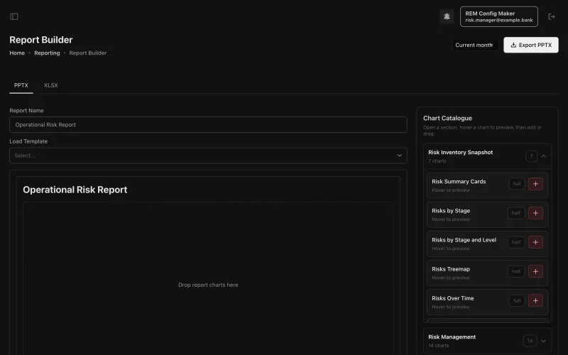 Report builder with dataset and widget catalogue